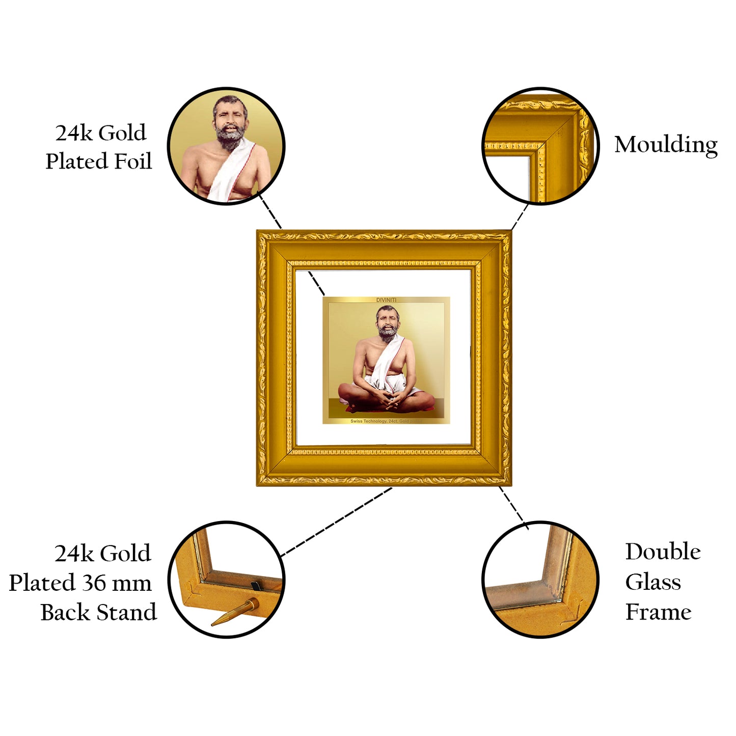 DIVINITI 24K Gold Plated Foil Ramakrishna Wooden Photo Frame Idol for Puja Room, Wall Hanging, Table Top, Home Decor, Workshop, Gifts | DG101S1A (10x10 CM)