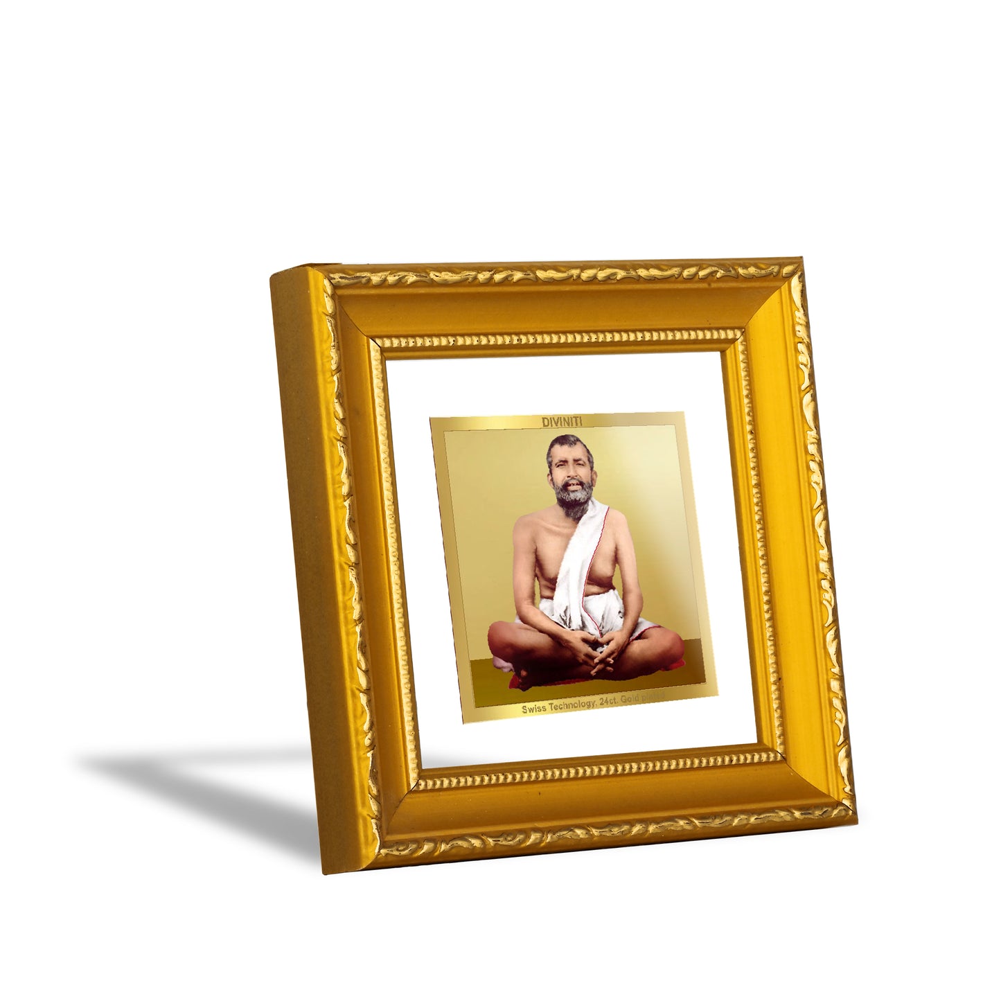 DIVINITI 24K Gold Plated Foil Ramakrishna Wooden Photo Frame Idol for Puja Room, Wall Hanging, Table Top, Home Decor, Workshop, Gifts | DG101S1A (10x10 CM)