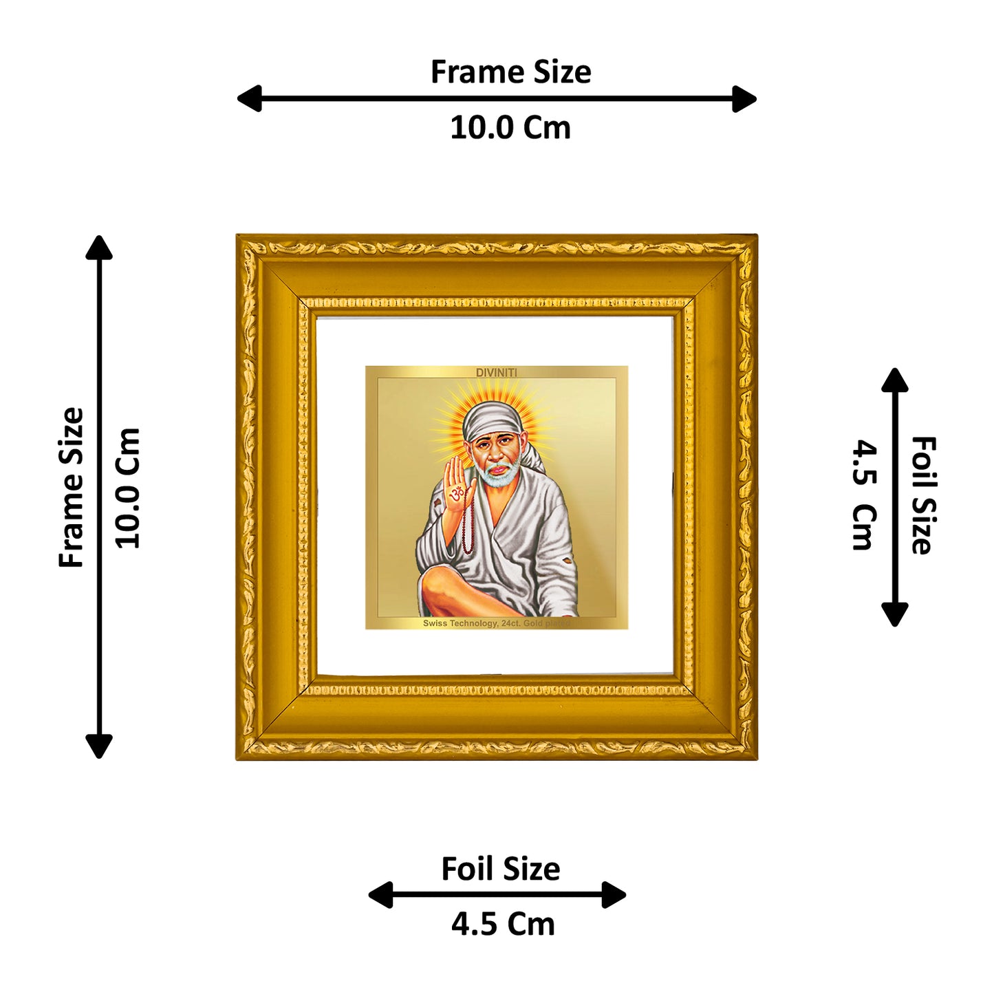 DIVINITI 24K Gold Plated Sai Baba Wooden Photo Frame Idol for Puja Room, Wall Hanging, Table Top, Home Decor, Gifts | DG101S1A (10x10 CM)