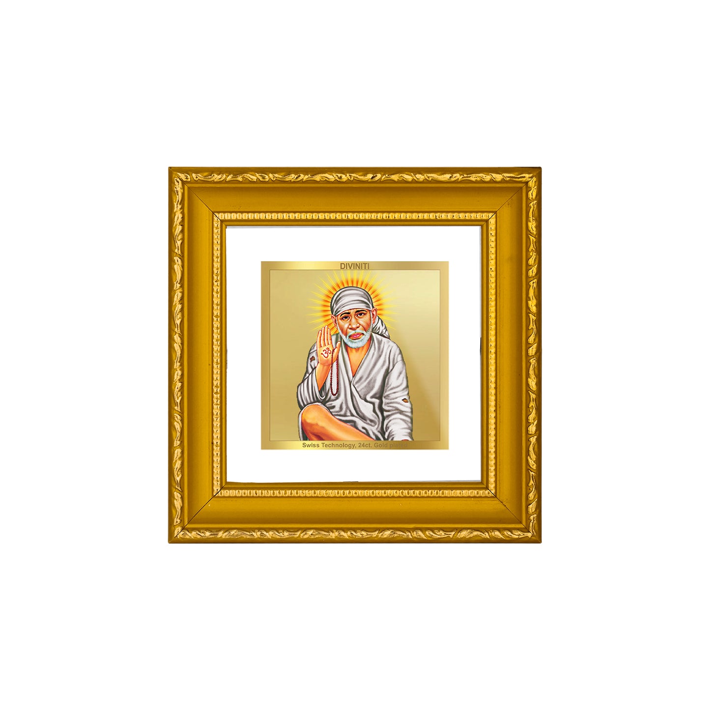 DIVINITI 24K Gold Plated Sai Baba Wooden Photo Frame Idol for Puja Room, Wall Hanging, Table Top, Home Decor, Gifts | DG101S1A (10x10 CM)