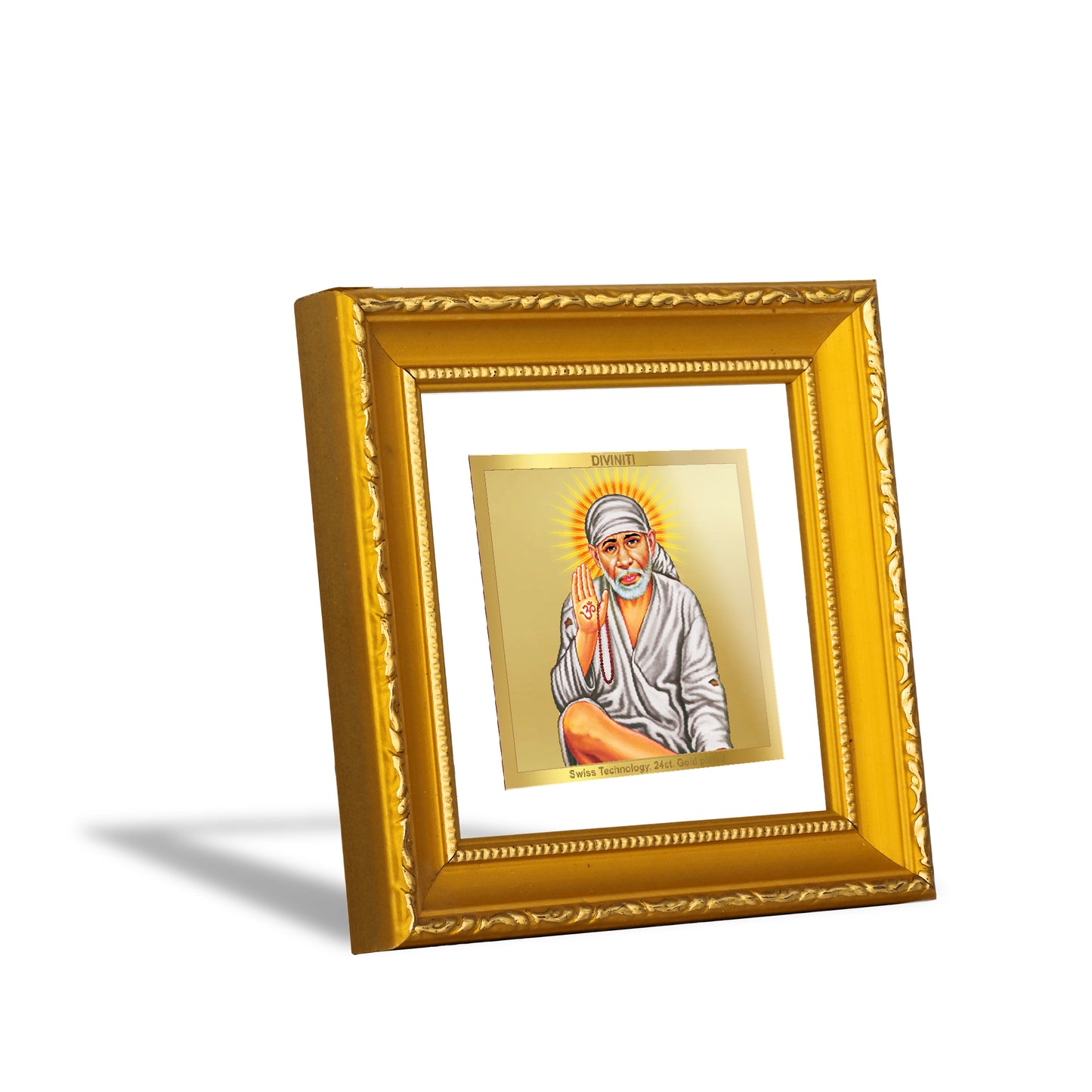 DIVINITI 24K Gold Plated Sai Baba Wooden Photo Frame Idol for Puja Room, Wall Hanging, Table Top, Home Decor, Gifts | DG101S1A (10x10 CM)