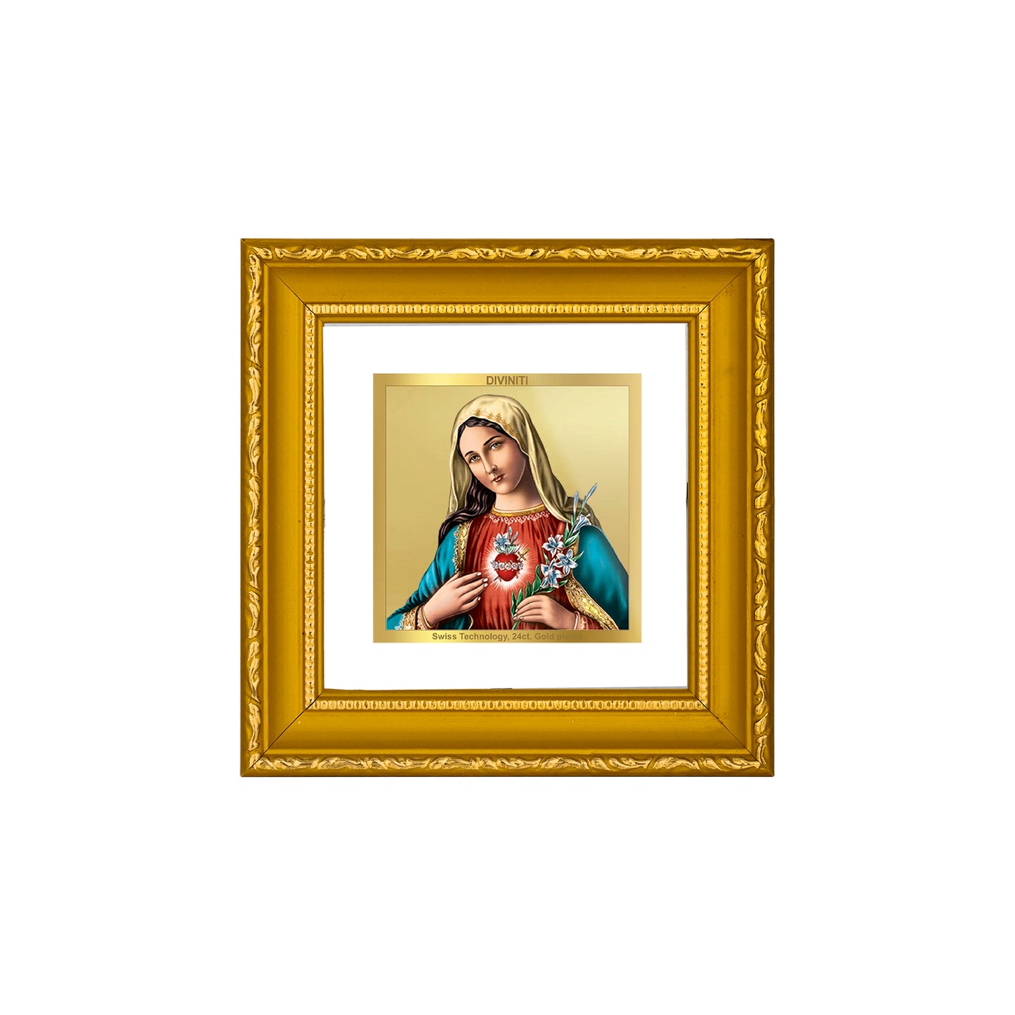 DIVINITI 24K Gold Plated Foil Mother Mary Photo Frame Idol for Home Decor, Workshop, Puja Room, Wall Hanging, Table Top, Gifts|DG101S1A (10x10 CM)