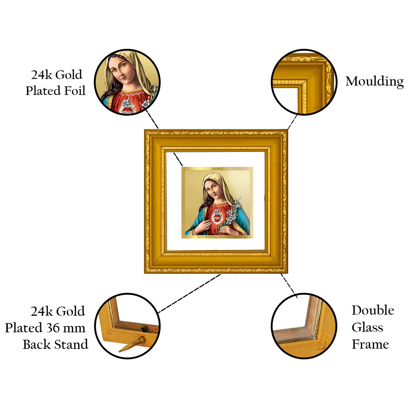 DIVINITI 24K Gold Plated Foil Mother Mary Photo Frame Idol for Home Decor, Workshop, Puja Room, Wall Hanging, Table Top, Gifts|DG101S1A (10x10 CM)