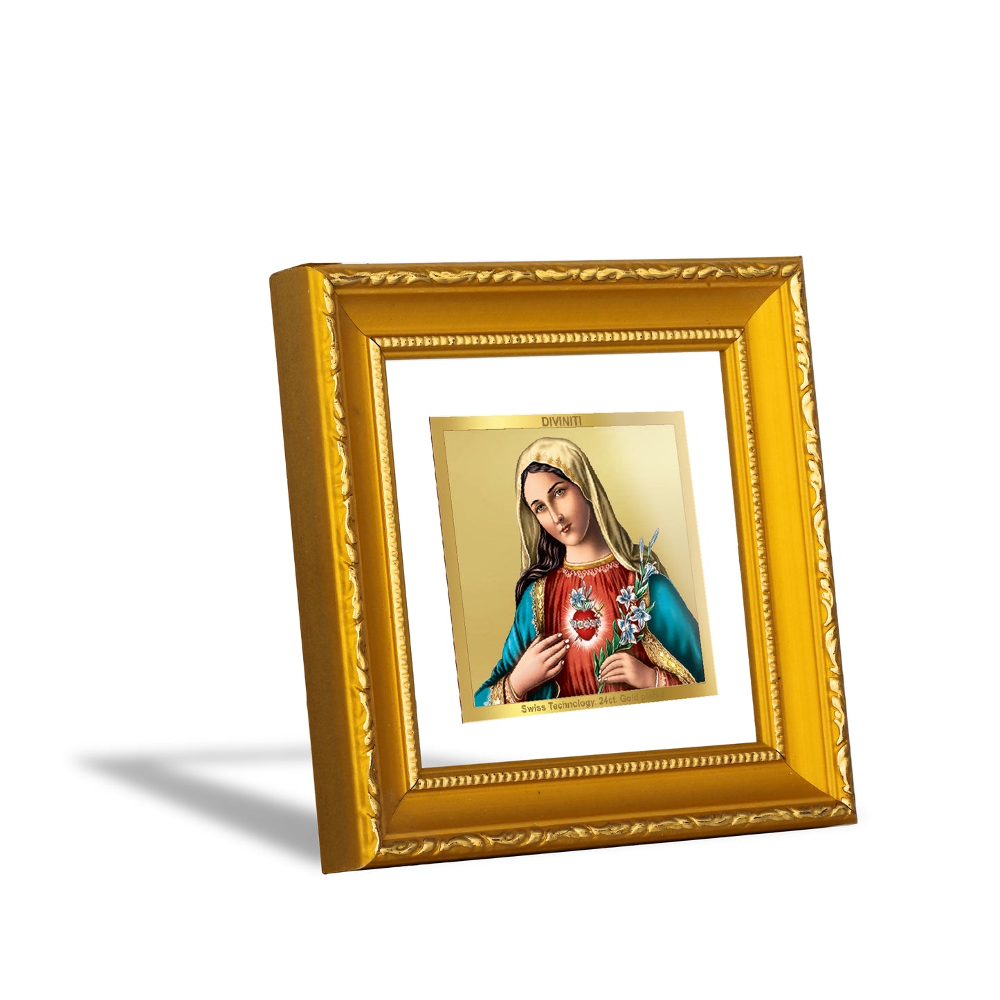 DIVINITI 24K Gold Plated Foil Mother Mary Photo Frame Idol for Home Decor, Workshop, Puja Room, Wall Hanging, Table Top, Gifts|DG101S1A (10x10 CM)