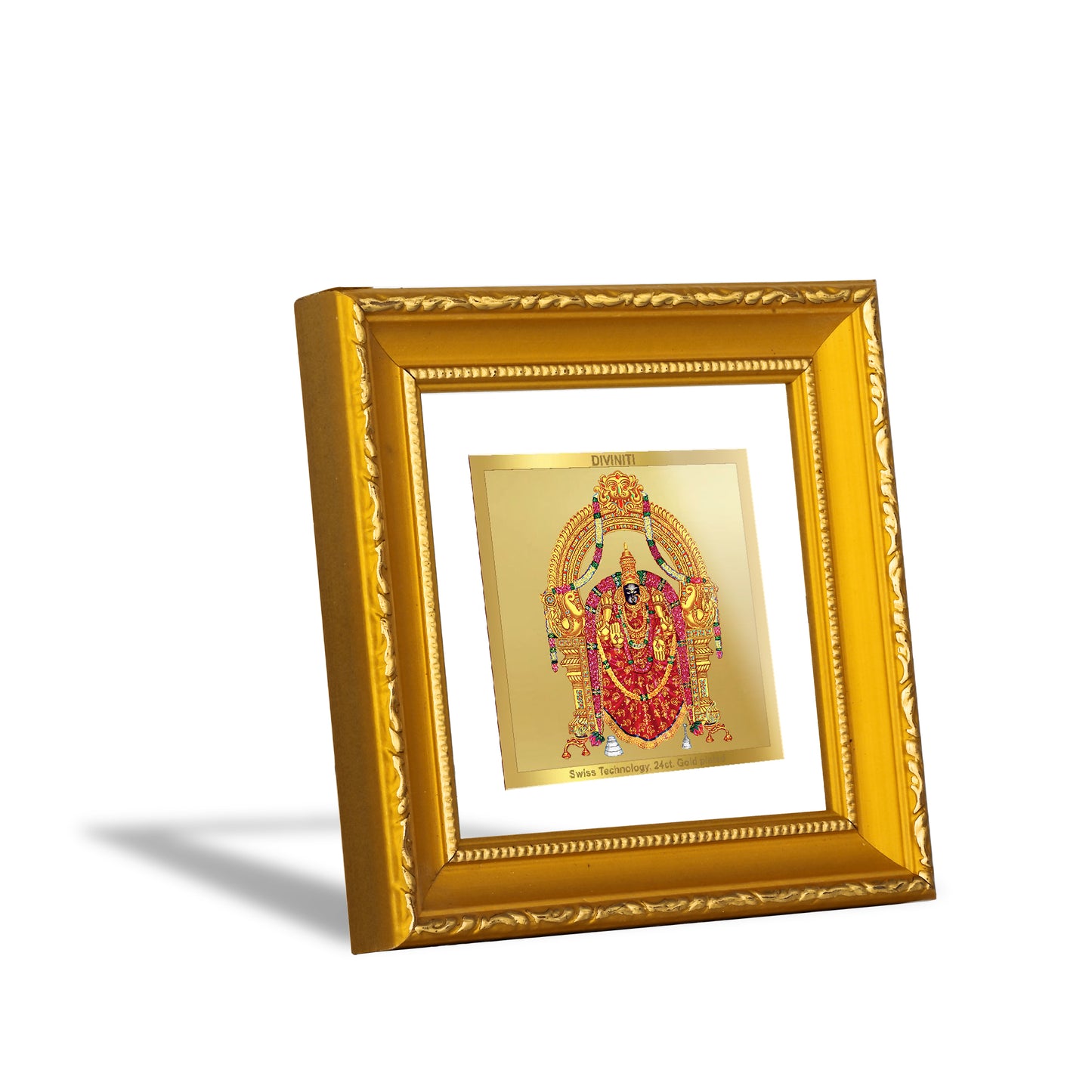 DIVINITI 24K Gold Plated Foil Padmavathi Wooden Traditional Wall Photo Frame Idol for Puja Room, Table Top, Home Decor, Luxury Gifts | DG101S1A (10x10 CM)