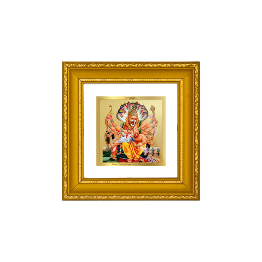 DIVINITI 24K Gold Plated Foil Narsimha Wooden Photo Frame Idol for Wall Hanging, Workshop, Puja Room, Home Decor, Luxury Gifts | DG101S1A (10x10 CM)