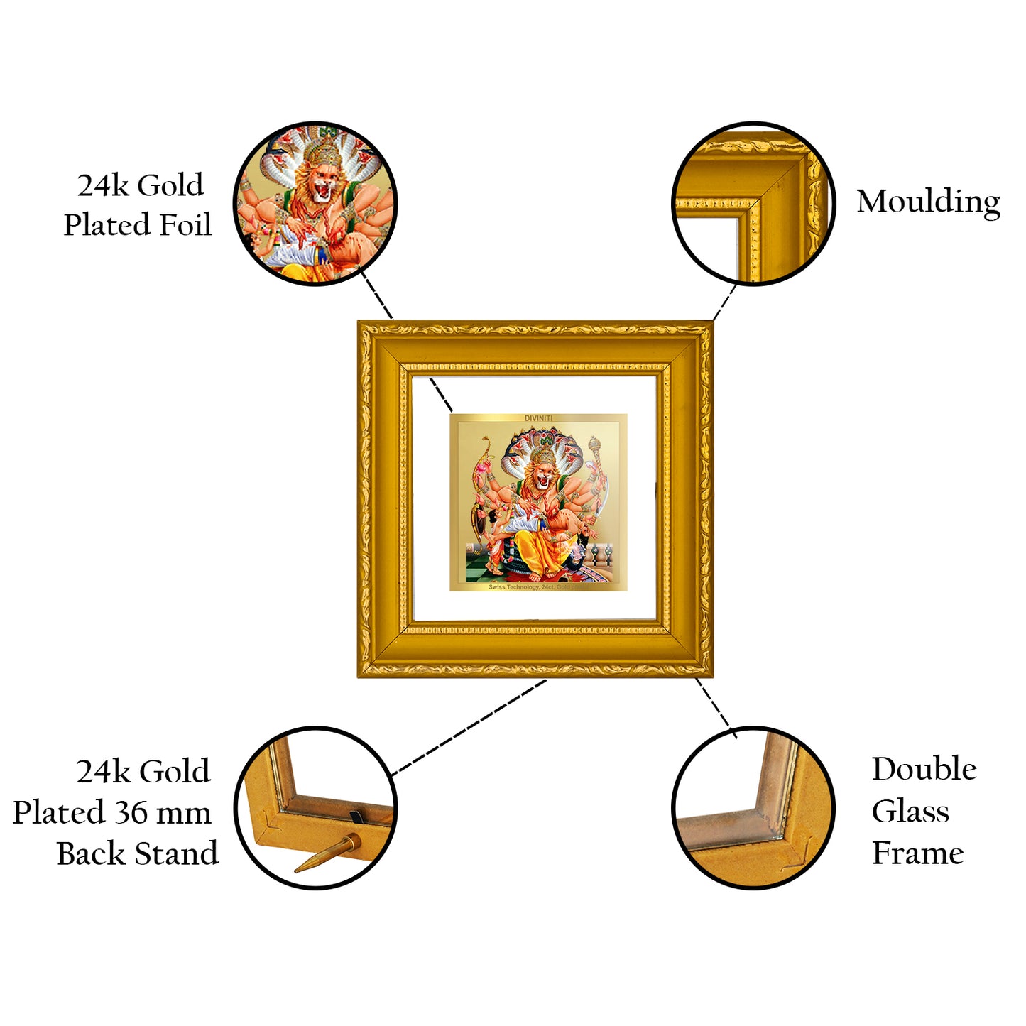 DIVINITI 24K Gold Plated Foil Narsimha Photo Frame Idol for Wall Hanging, Workshop, Puja Room, Home Decor, Luxury Gifts|DG101S1A (10x10 CM)