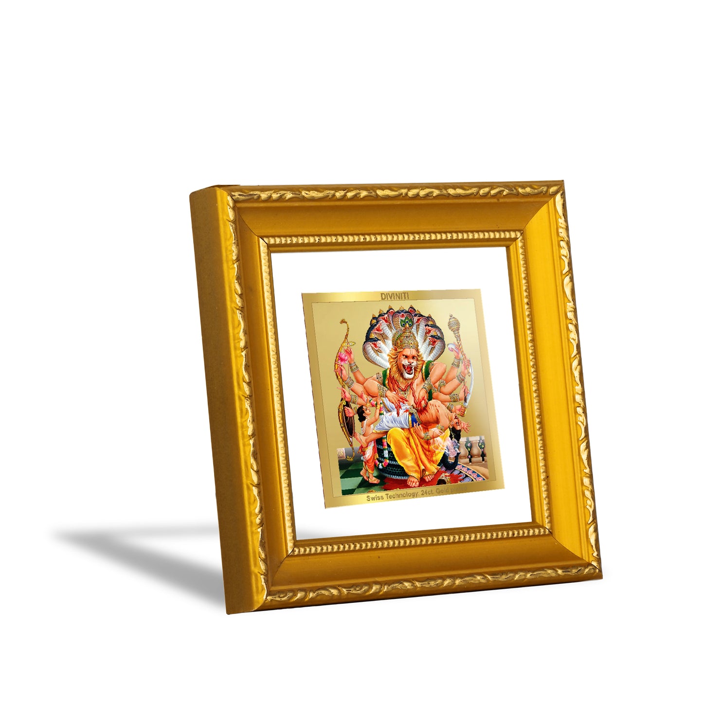 DIVINITI 24K Gold Plated Foil Narsimha Photo Frame Idol for Wall Hanging, Workshop, Puja Room, Home Decor, Luxury Gifts|DG101S1A (10x10 CM)