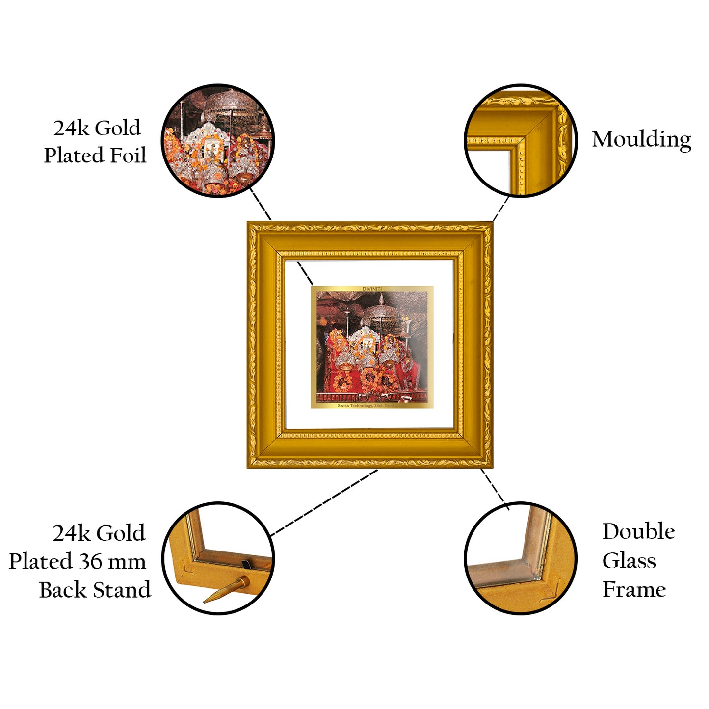 DIVINITI 24K Gold Plated Foil Mata Ka Darbar Photo Frame Idol for Puja Room, Wall Hanging, Table Top, Home Decor, Workshop, Gifts|DG101S1A (10x10 CM)