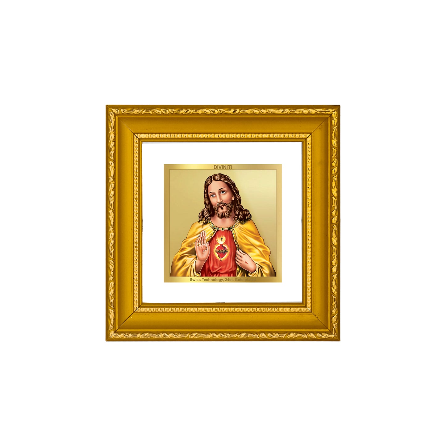 DIVINITI 24K Gold Plated Foil Jesus Wooden Photo Frame Idol for Prayer, Wall Hanging, Workshop, Home Decor, Table Top, Gifts | DG101S1A (10x10 CM)