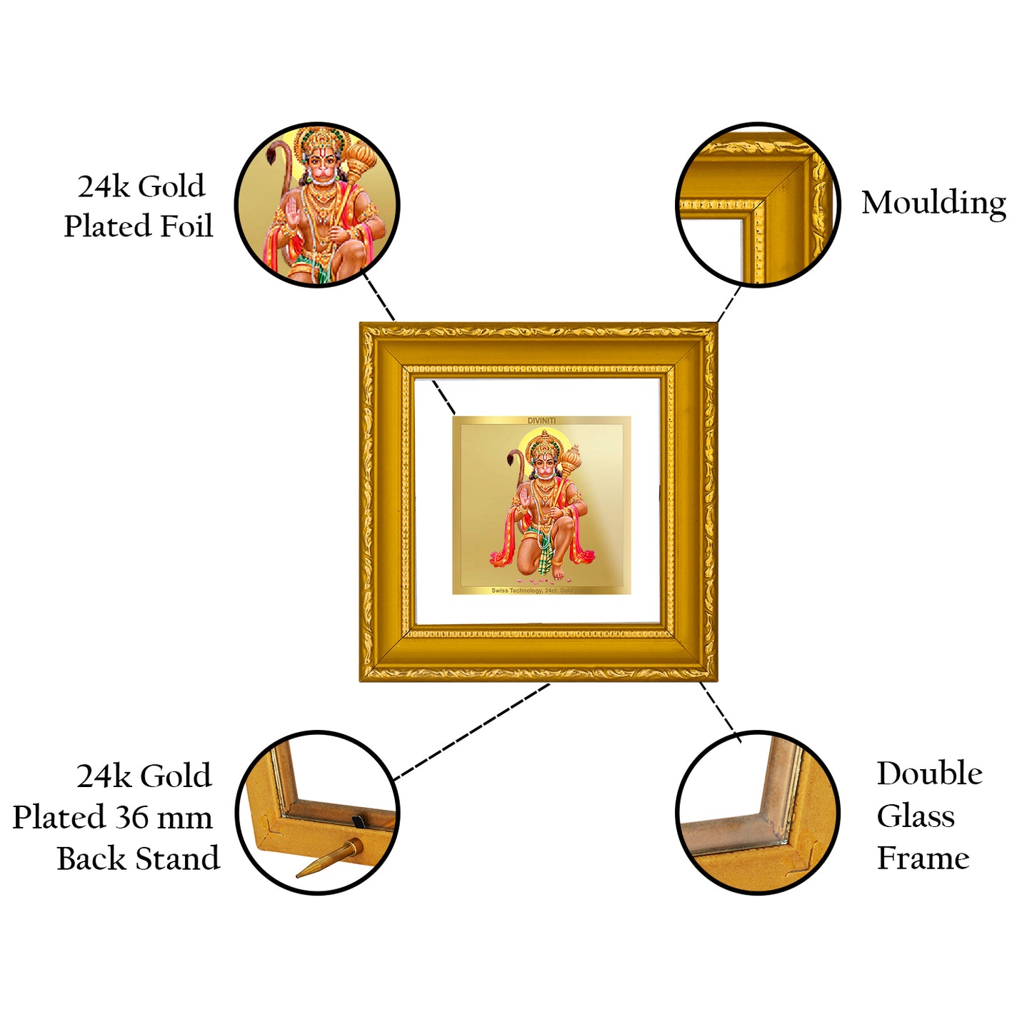 DIVINITI 24K Gold Plated Foil Lord Hanuman Wooden Luxurious Wall Photo Frame Idol for Home Decor, Puja Room, Workshop, Premium Gifts | DG101S1A (10x10 CM)