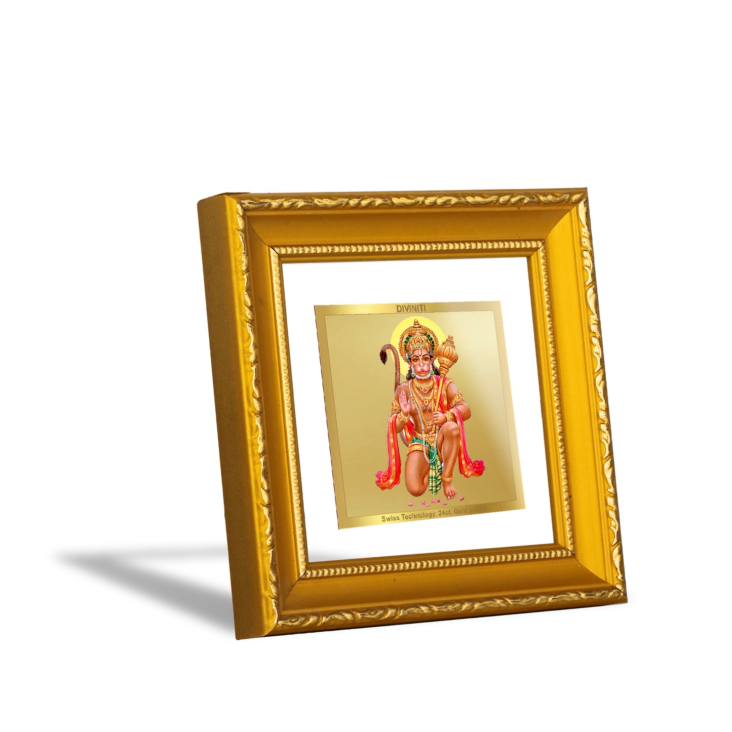 DIVINITI 24K Gold Plated Foil Lord Hanuman Wooden Luxurious Wall Photo Frame Idol for Home Decor, Puja Room, Workshop, Premium Gifts | DG101S1A (10x10 CM)