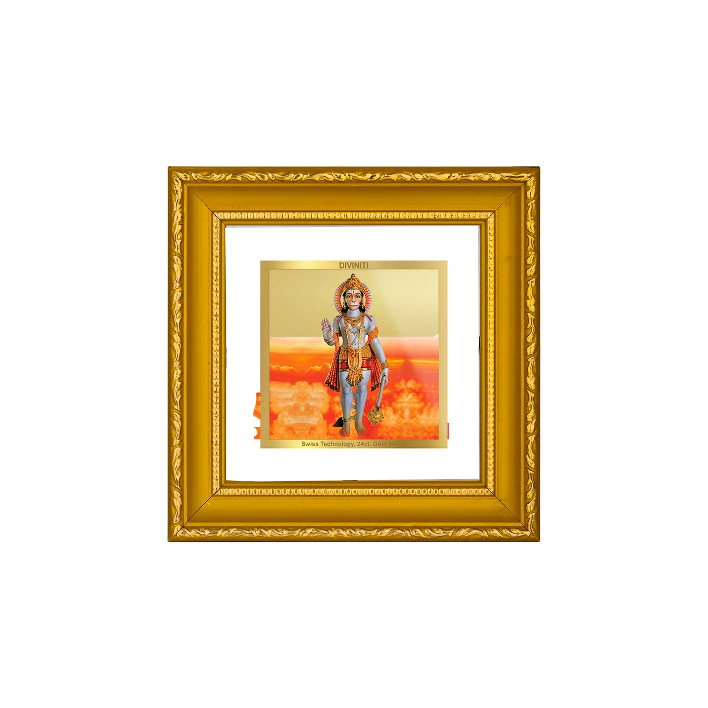 DIVINITI 24K Gold Plated Foil Lord Hanuman Wall Photo Frame Idol for Puja Room, Home Decor, Workshop, Gifts|DG101S1A (10x10 CM)