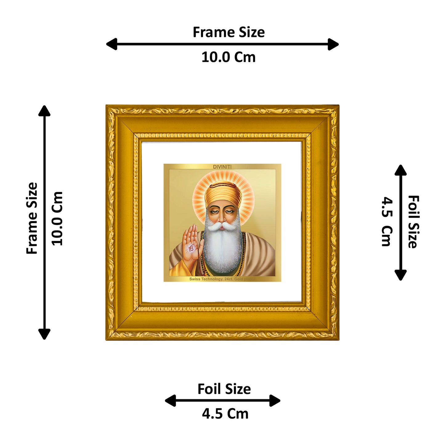 DIVINITI 24K Gold Plated Foil Guru Nanak Wooden Exquisite Photo Frame Idol for Home Decor, Wall Hanging, Puja Room, Workshop, Gifts | DG101S1A (10x10 CM)