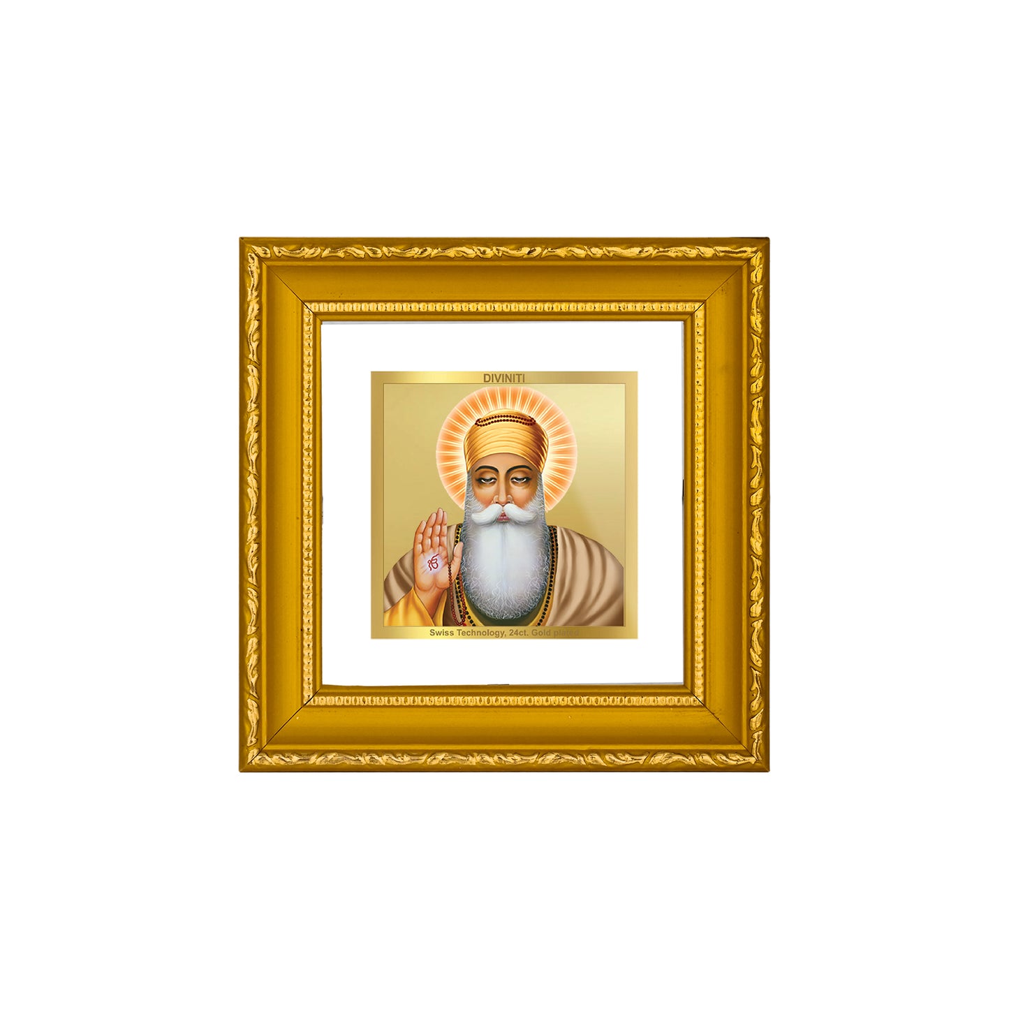 DIVINITI 24K Gold Plated Foil Guru Nanak Wooden Exquisite Photo Frame Idol for Home Decor, Wall Hanging, Puja Room, Workshop, Gifts | DG101S1A (10x10 CM)