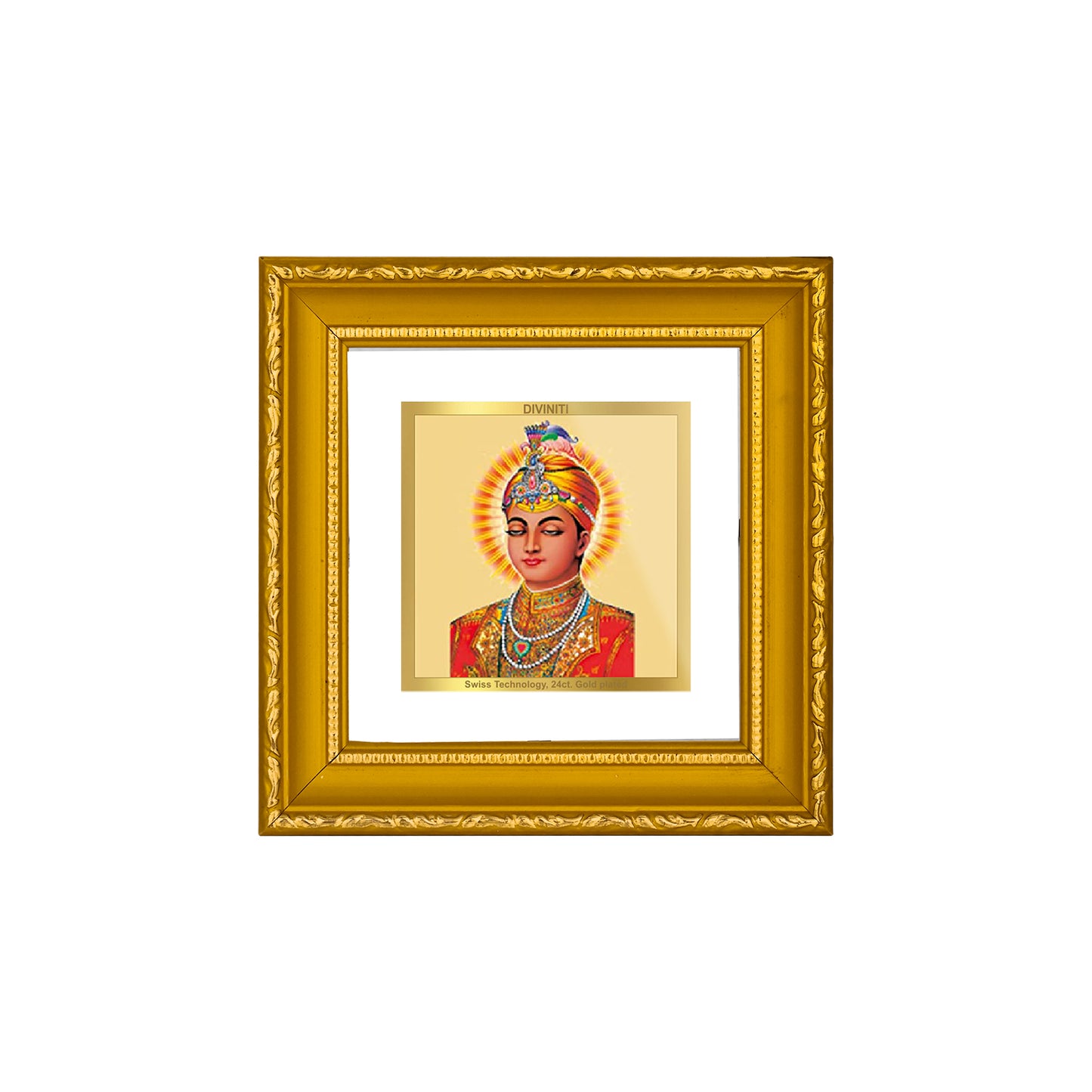 DIVINITI 24K Gold Plated Foil Guru Harkrishan Wooden Classic Wall Photo Frame Idol for Home Decor, Puja Room, Workshop, Gifts | DG101S1A (10x10 CM)