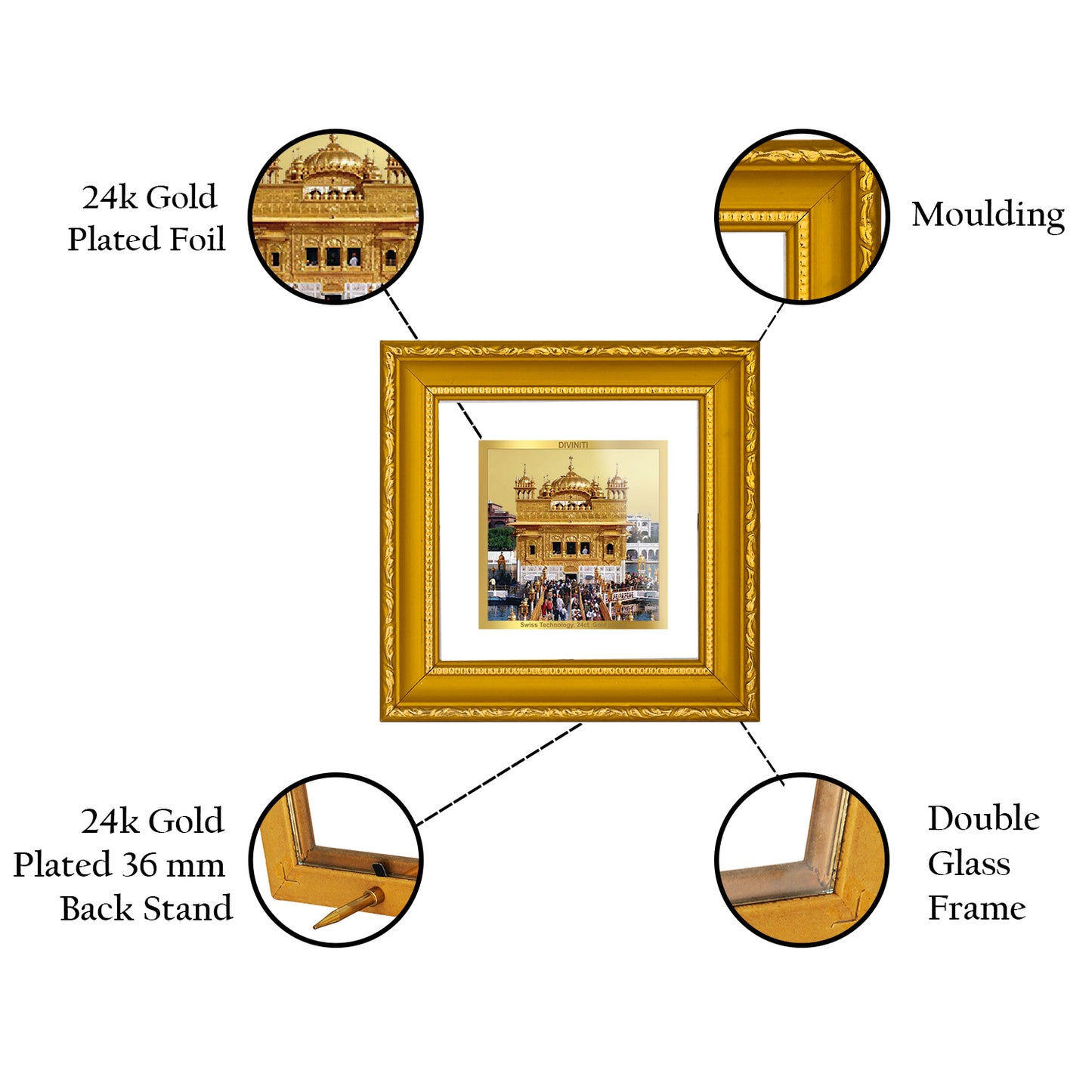 DIVINITI 24K Gold Plated Foil Golden Temple Wooden Photo Frame Idol for Wall Hanging, Workshop, Home Decor, Premium Gifts | DG101S1A (10x10 CM)