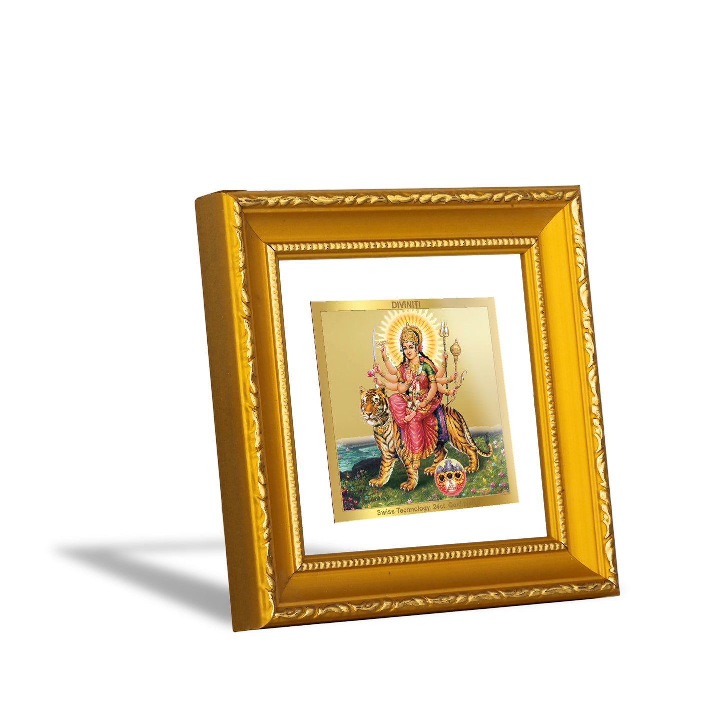 DIVINITI 24K Gold Plated Foil Goddess Durga Wooden Traditional Photo Frame Idol for Wall Hanging, Home Decor, Puja Room, Gifts | DG101S1A (10x10 CM)