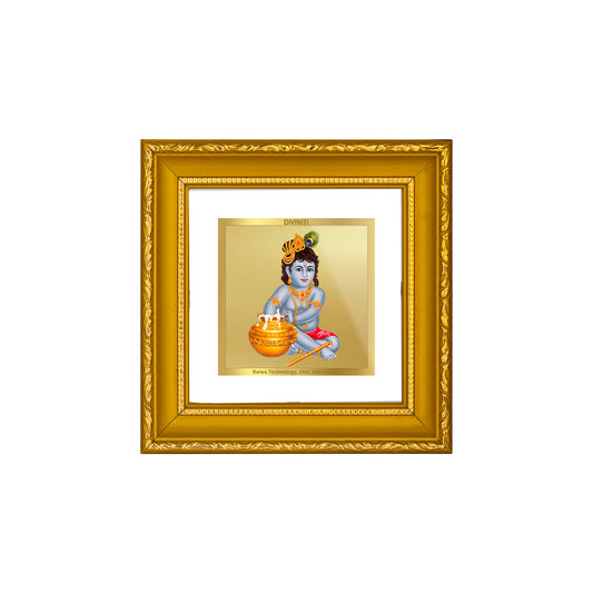 DIVINITI 24K Gold Plated Foil Bal Gopal Wooden Traditional Wall Photo Frame Idol for Home Decor, Puja Room, Workshop, Table Top, Premium Gifts | DG101S1A (10x10 CM)