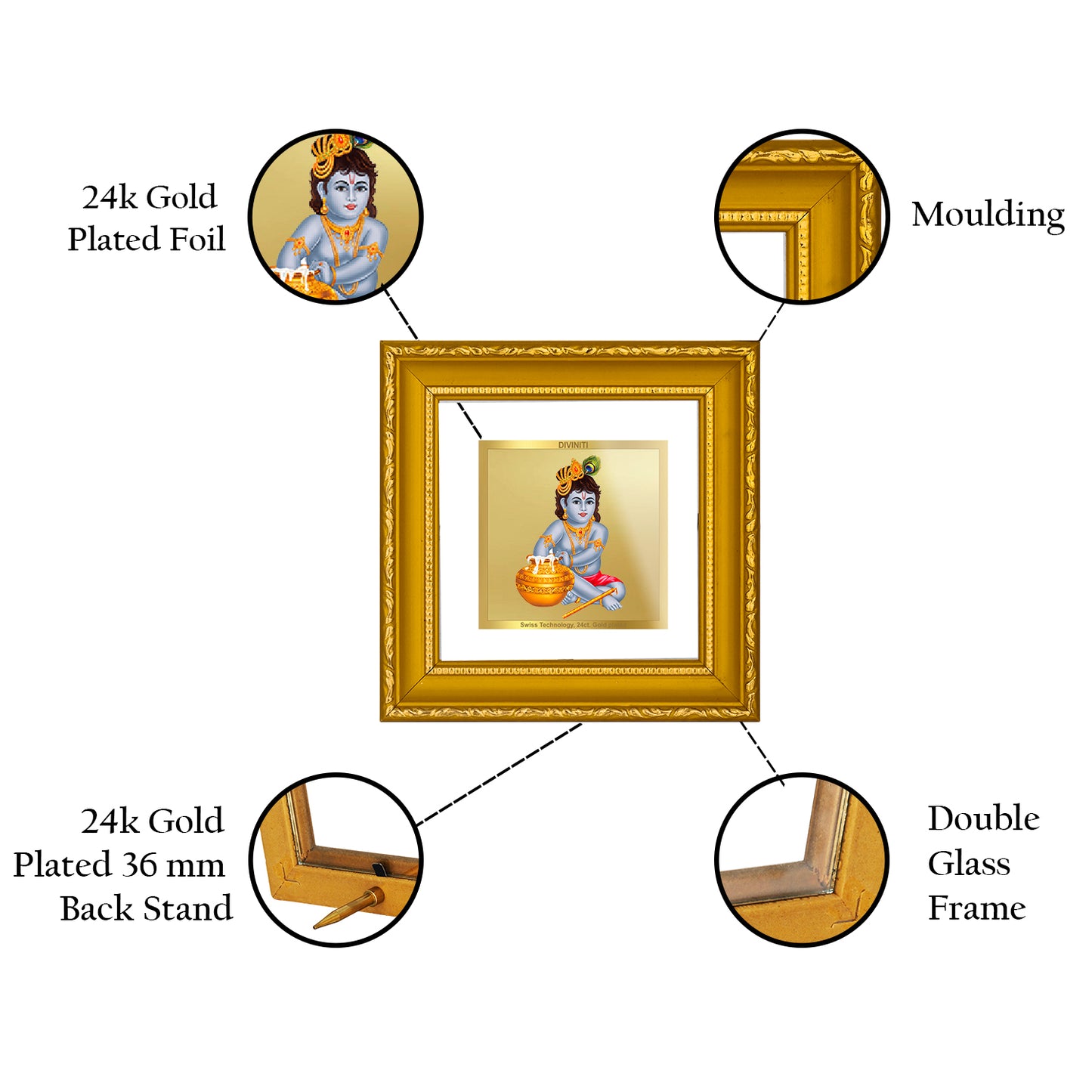 DIVINITI 24K Gold Plated Foil Bal Gopal Wooden Traditional Wall Photo Frame Idol for Home Decor, Puja Room, Workshop, Table Top, Premium Gifts | DG101S1A (10x10 CM)