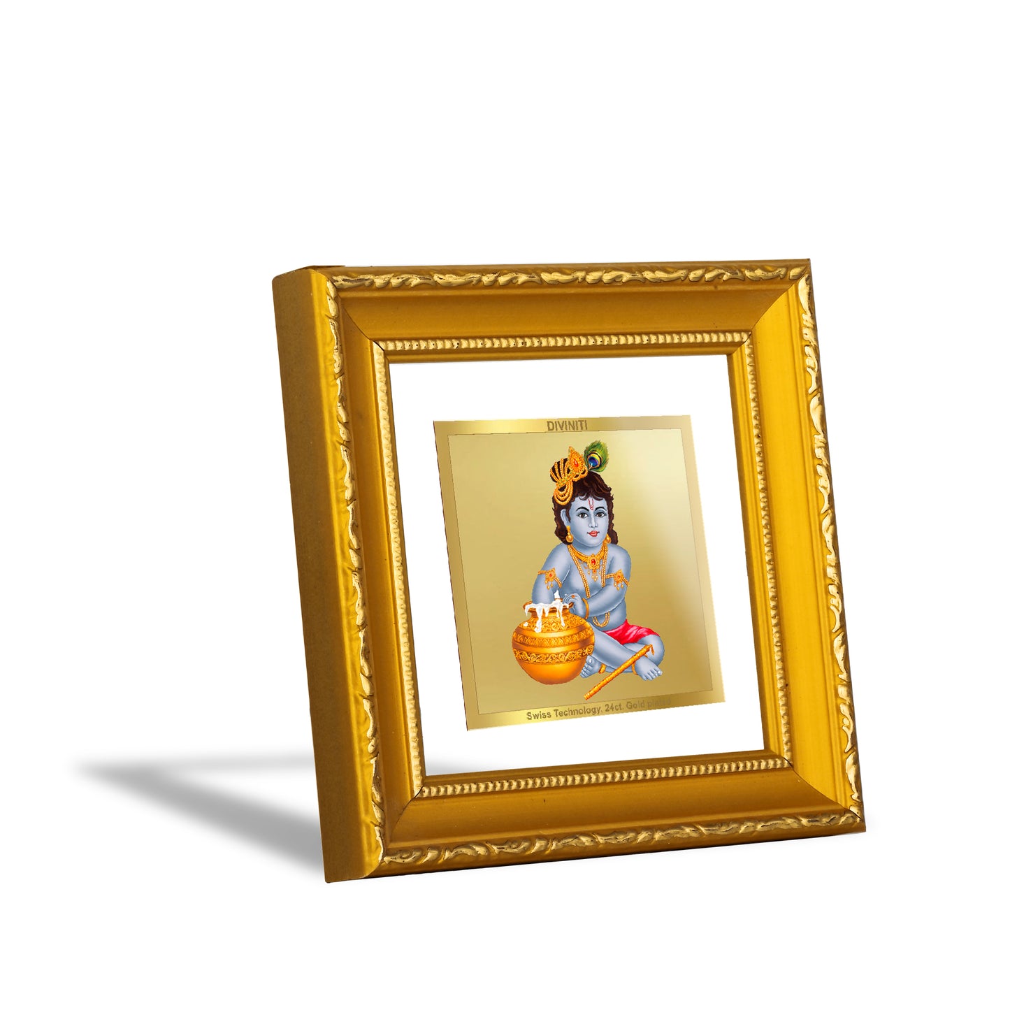 DIVINITI 24K Gold Plated Foil Bal Gopal Wooden Traditional Wall Photo Frame Idol for Home Decor, Puja Room, Workshop, Table Top, Premium Gifts | DG101S1A (10x10 CM)