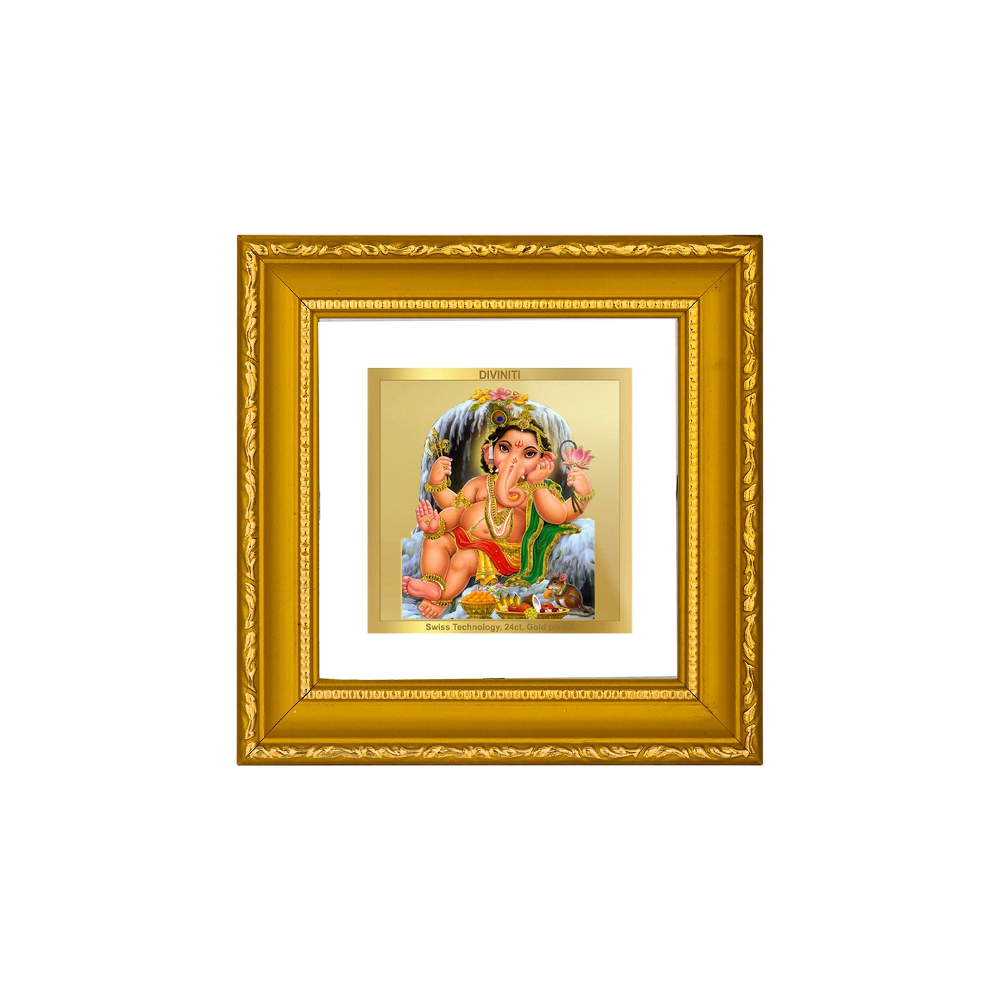 DIVINITI 24K Gold Plated Foil Lord Bal Ganesha Wall Photo Frame Idol for Puja Room, Workshop, Home Decor, Table Top, Luxurious Gifts|DG101S1A (10x10 CM)