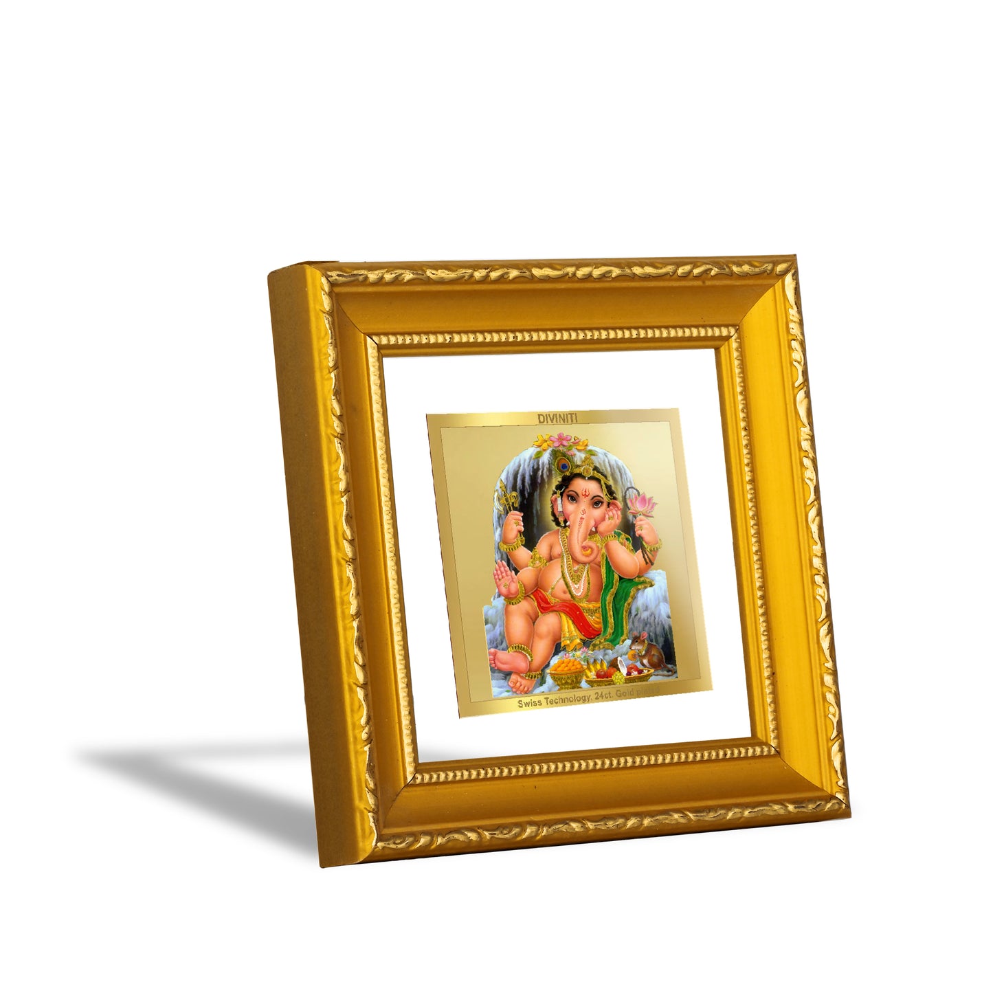 DIVINITI 24K Gold Plated Foil Lord Bal Ganesha Wall Photo Frame Idol for Puja Room, Workshop, Home Decor, Table Top, Luxurious Gifts|DG101S1A (10x10 CM)