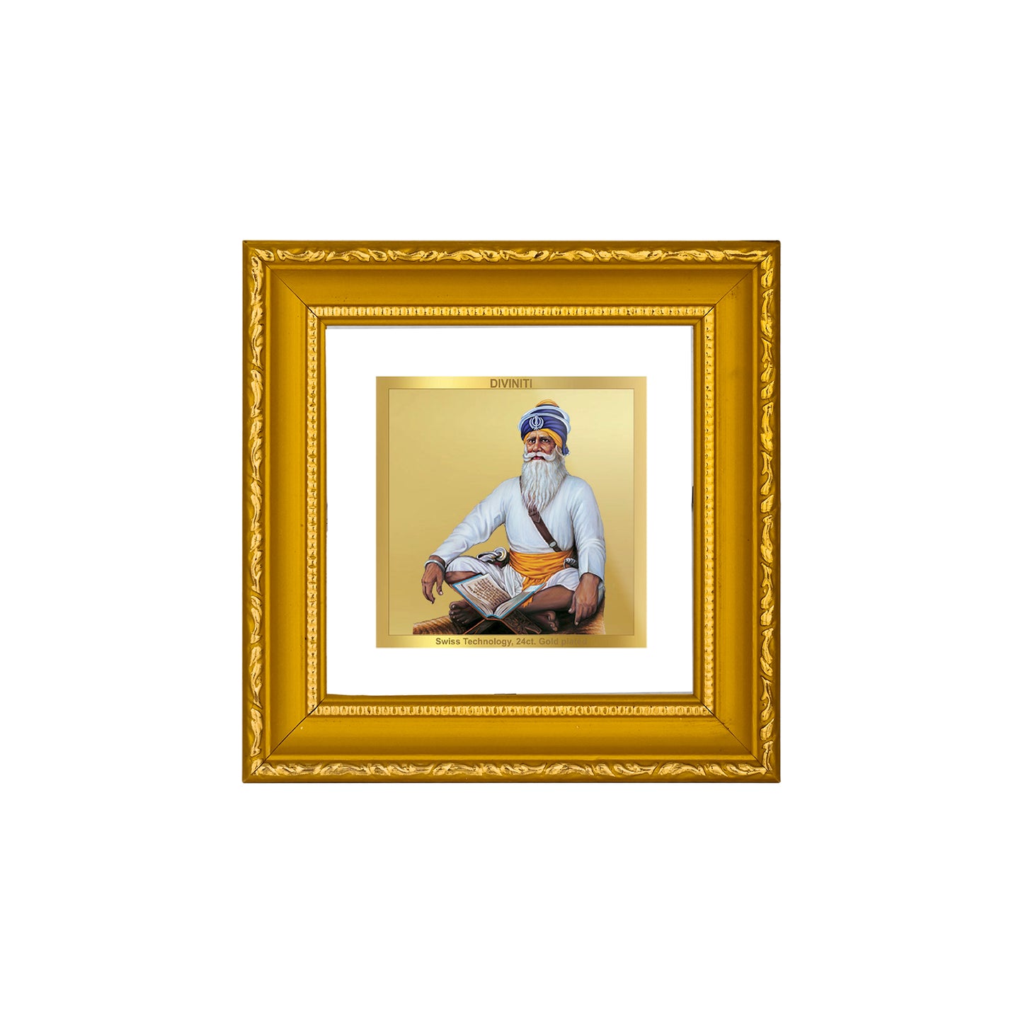 DIVINITI 24K Gold Plated Foil Baba Deep Singh Wooden Traditional Photo Frame Idol for Wall Hannging, Puja Room, Home Decor, Table Top, Gifts | DG101S1A (10x10 CM)