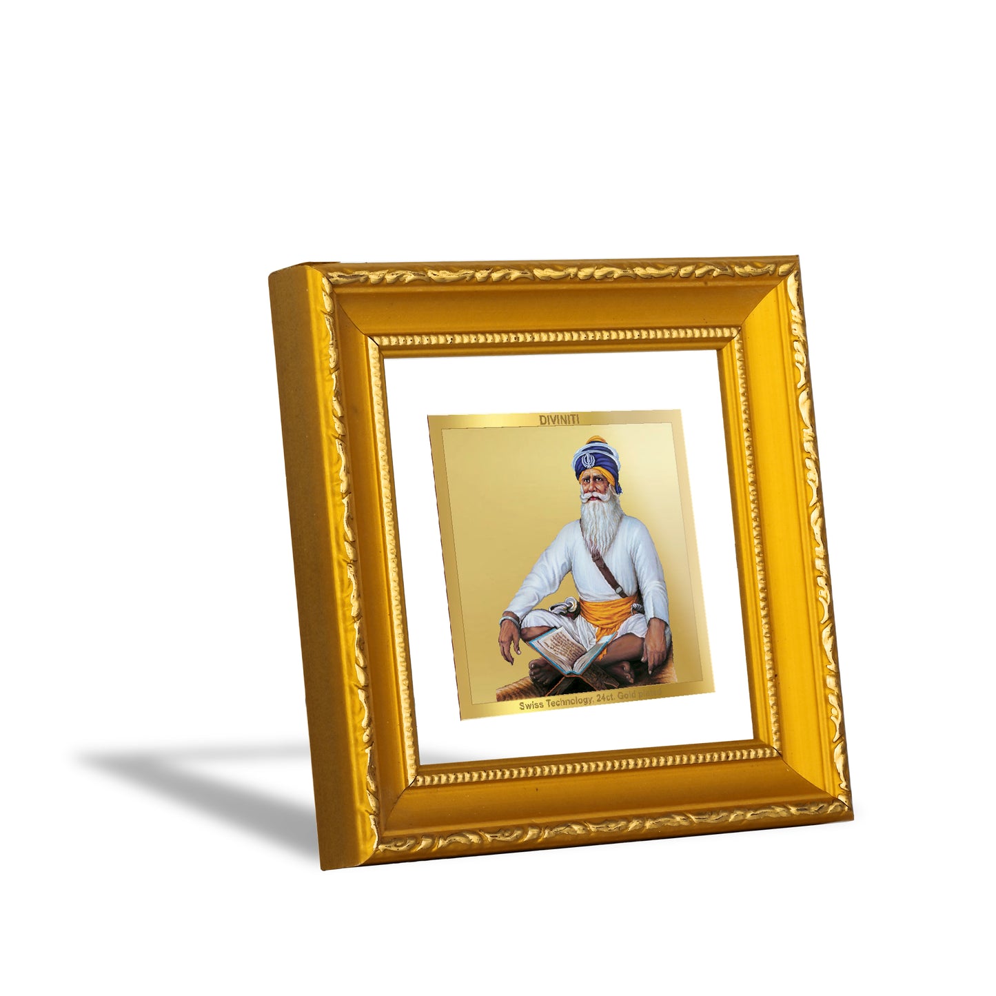 DIVINITI 24K Gold Plated Foil Baba Deep Singh Wooden Traditional Photo Frame Idol for Wall Hannging, Puja Room, Home Decor, Table Top, Gifts | DG101S1A (10x10 CM)