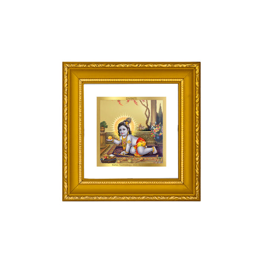 DIVINITI 24K Gold Plated Foil Laddu Gopal Wooden Stylish Photo Frame Idol for Table Top, Home Decor, Wall Hanging, Workshop, Gifts | DG101S1A (10x10 CM)