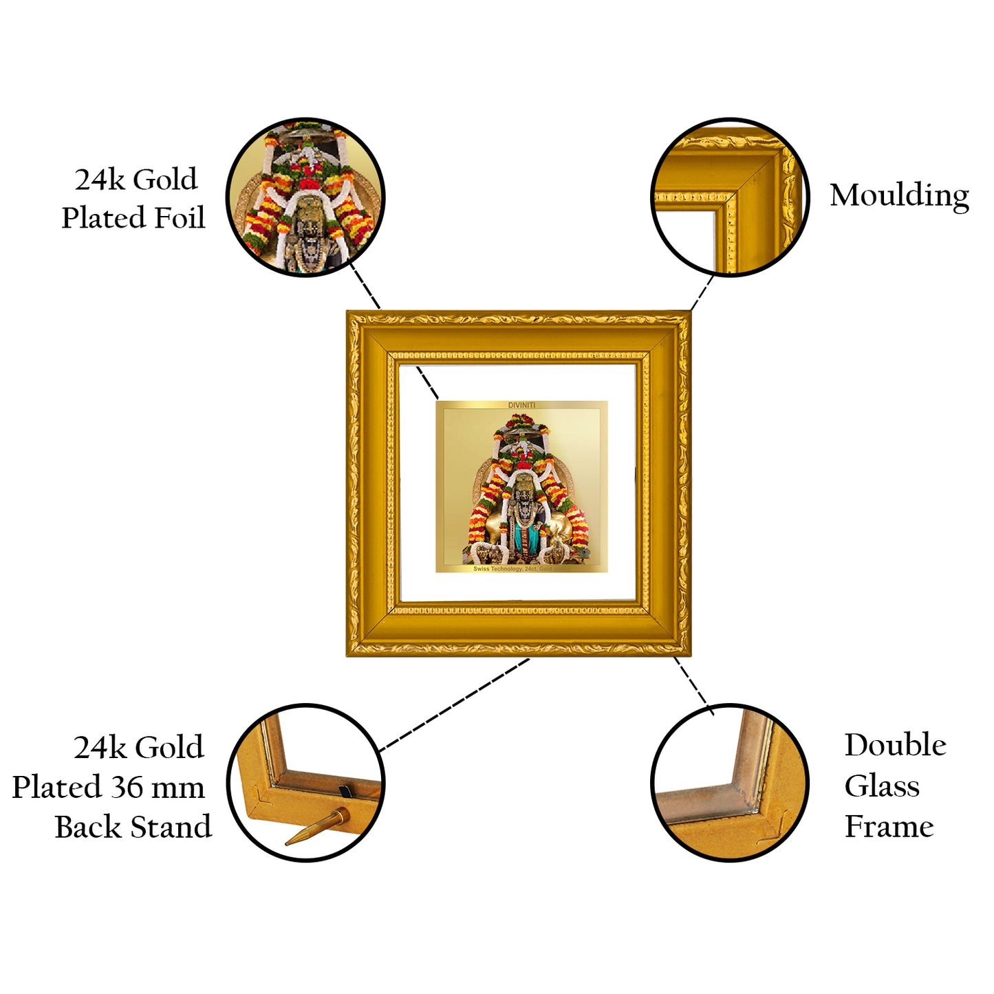 DIVINITI 24K Gold Plated Foil Lord Krishna Wooden Exquisite Photo Frame Idol for Wall Hanging, Home Decor, Workshop, Luxurious Gifts | DG101S1A (10x10 CM)