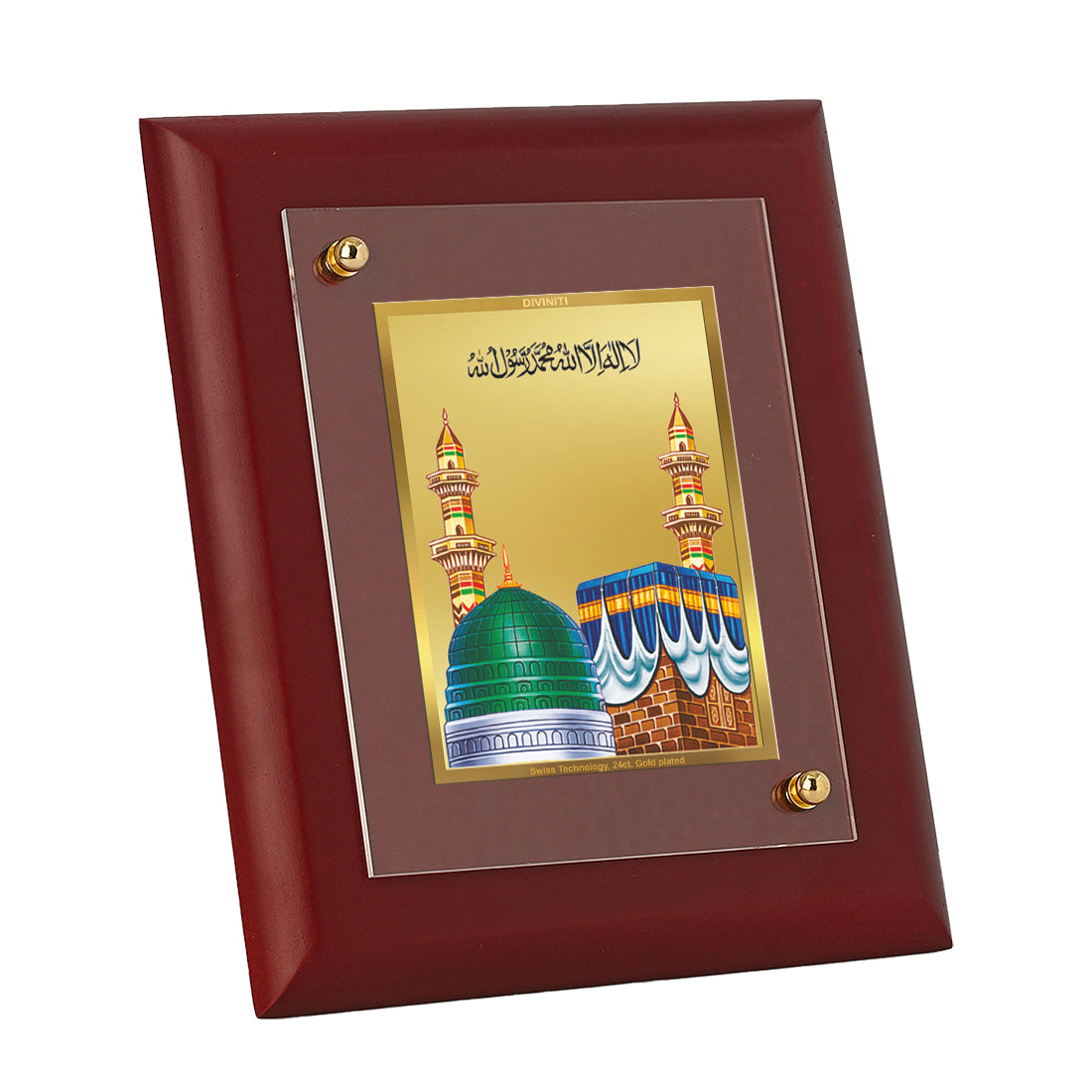 DIVINITI 24K Gold Plated Foil Mecca Madina Wall Photo Frame, Table Decor| Wooden Wall Photo Frame and Religious Photo Frame Idol For Pooja, Gifts Items MDF Size 2 (20x16 CM)