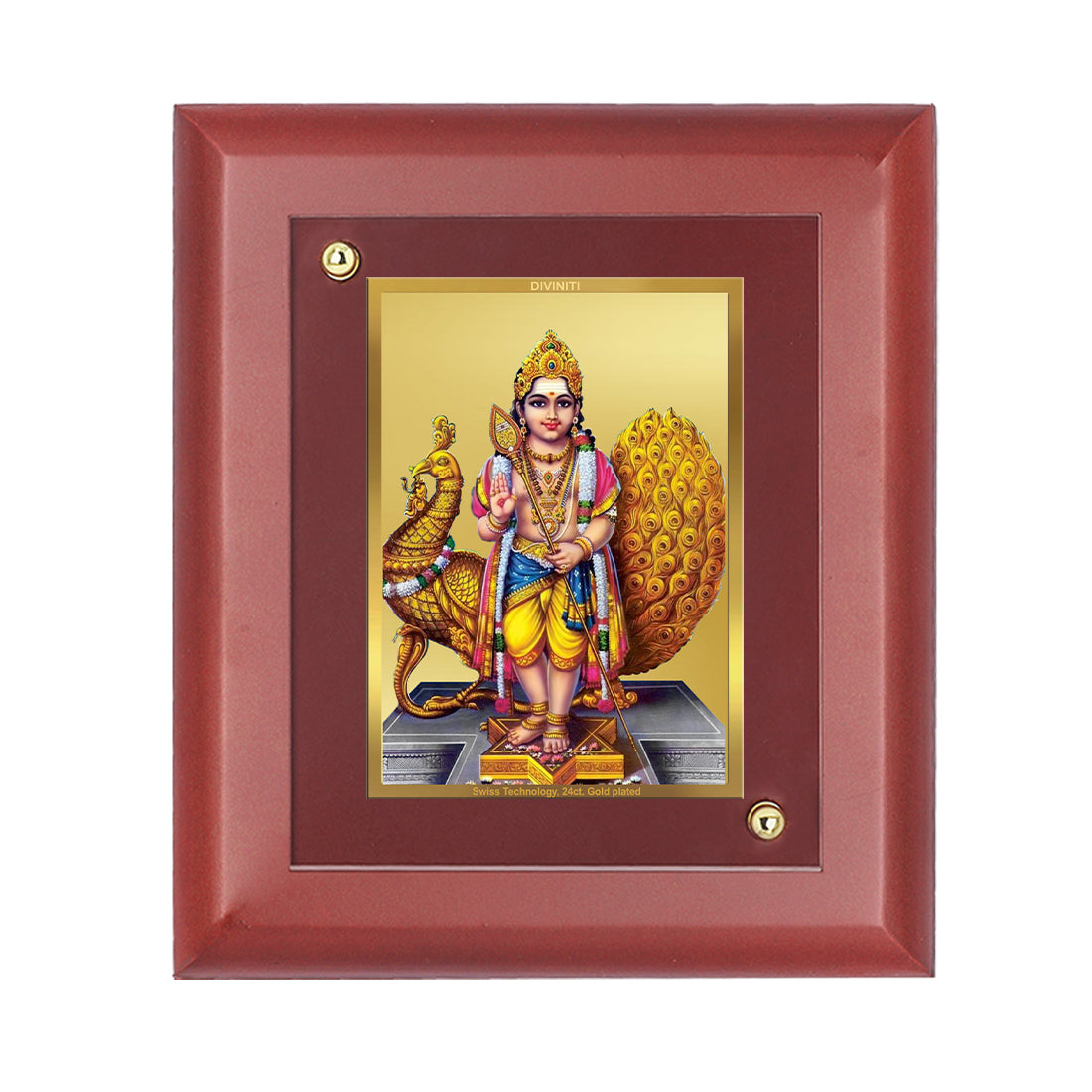 DIVINITI 24K Gold Plated Foil Karthikey Wall Photo Frame, Table Decor| Wooden Wall Photo Frame and Religious Photo Frame Idol For Pooja, Gifts Items MDF Size 2 (20x16 CM)