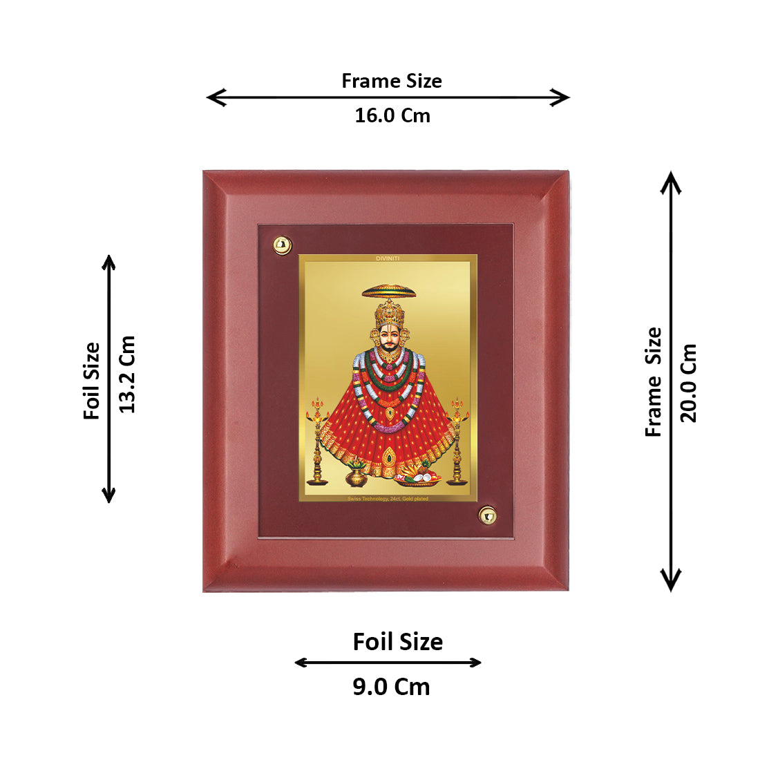 DIVINITI 24K Gold Plated Foil Khatu Shyam with Garlands Wall Photo Frame, Table Decor| Wooden Wall Photo Frame and Religious Photo Frame For Pooja, Gifts Items MDF Size 2 (20x16 CM)