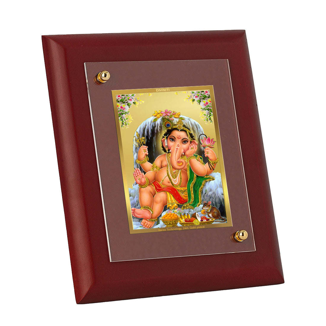 DIVINITI 24K Gold Plated Foil Bal Ganesha Wall Photo Frame, Table Decor Wooden Wall Photo Frame and Religious Photo Frame Idol For Pooja, Gifts Items MDF Size 2 (20x16 CM)