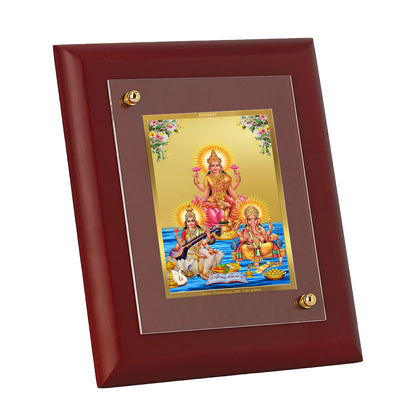 DIVINITI Lakshmi Ganesha Saraswati Gold Plated Wall Photo Frame, Table Decor| MDF 2 Wooden Wall Photo Frame and 24K Gold Plated Foil| Religious Photo Frame For Pooja, Gifts Items (20.0CMX16.0CM)