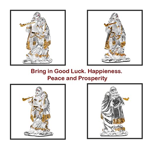 DIVINITI 999 Silver Plated Goddess Radha and Lord Krishna Statue Idol For Home Decor Showpiece, Table Top, Puja Room, Luxury Gift (11.4x6x4.7 CM)