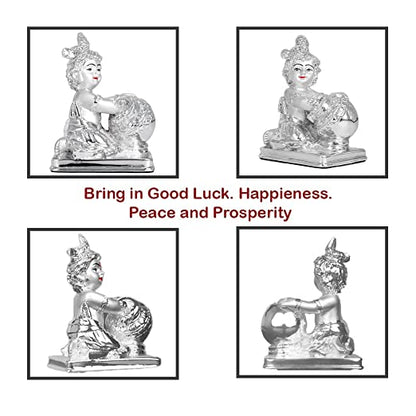 DIVINITI 999 Silver Plated Lord Bal Gopal Idol Exquisite Divine Statue For Home Decor, Office Table Top, Workshop, Puja Room & Gift (11x8.1x5.7 CM)