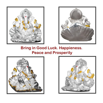 DIVINITI 999 Silver Plated Sculpture Religious Lord Ganesha Idol Statue For Home, Office, Temple, Table Decor and Gift (10x5.3x9.5 CM)