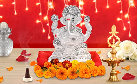 DIVINITI 999 Silver Plated Sculpture Of Lord Ganesha Figurine Religious Idol For Puja Room, Office Desk, Gift (7.4x5.3x10.5 CM)