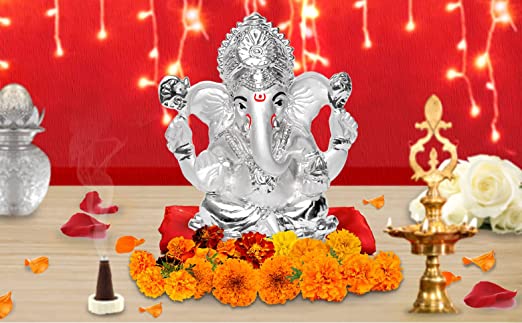 DIVINITI 999 Silver Plated Lord Ganesha Idol Statue For Home Decor, Workshop, Office, Luxury Gift (9.5x7.5 CM)