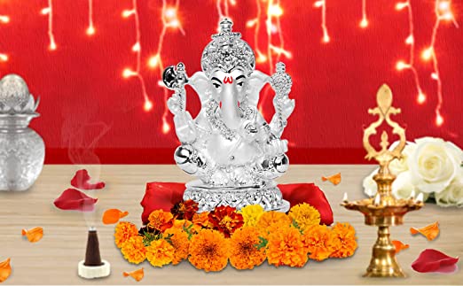 DIVINITI 999 Silver Plated Lord Ganesha Idol For Home Decor, Showpiece, Table Top, Puja Room, Gift (10x7 CM)