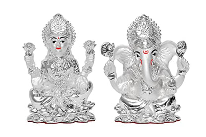 DIVINITI 999 Silver Plated Lakshmi Ganesha Idol For Home Decor, Worship, Festival Gift (9.5 X 6.5 CM)