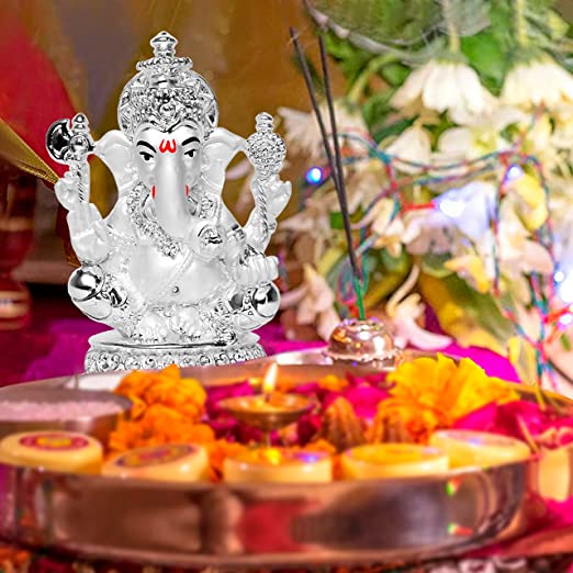 DIVINITI 999 Silver Plated Lord Ganesha Idol For Home Decor, Showpiece, Table Top, Puja Room, Gift (10x7 CM)