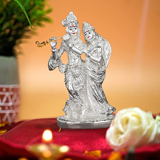 DIVINITI Elegant 999 Silver Plated Goddess Radha and Lord Krishna Statue For Devotion, Spiritual, and Love | Idol For Home Decor, Workshop (15.5x8.5x7.6 CM)