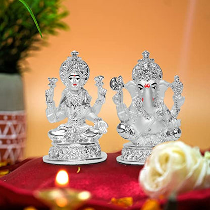 DIVINITI 999 Silver Plated Lakshmi Ganesha Idol For Home Decor, Diwali Gift, Puja Room (10 X 7 CM)