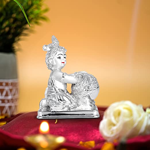 DIVINITI 999 Silver Plated Lord Bal Gopal Idol Exquisite Divine Statue For Home Decor, Office Table Top, Workshop, Puja Room & Gift (11x8.1x5.7 CM)