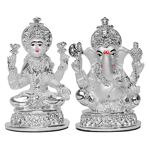 DIVINITI 999 Silver Plated Lakshmi Ganesha Idol For Home Decor, Diwali Gift, Puja Room (10 X 7 CM)