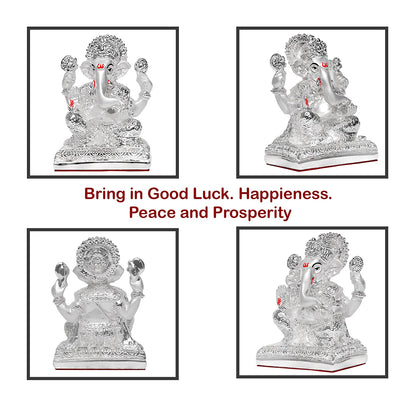 DIVINITI 999 Silver Plated Sculpture Of Lord Ganesha Figurine Religious Idol For Puja Room, Office Desk, Gift (7.4x5.3x10.5 CM)