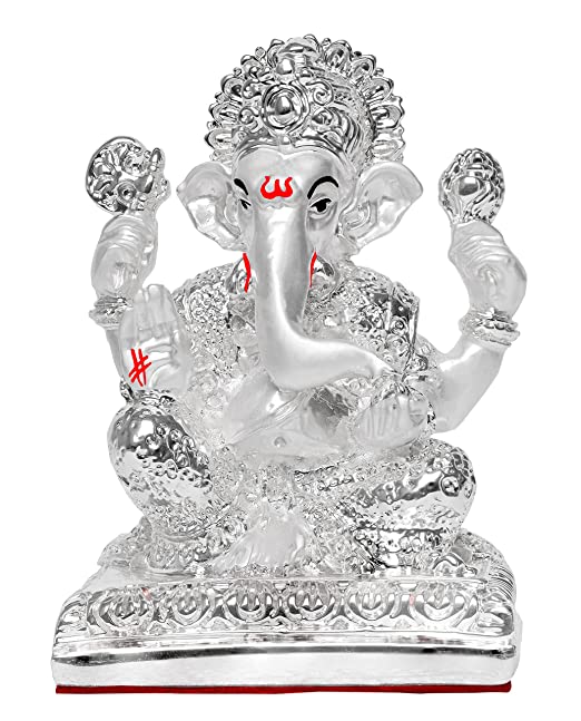 DIVINITI 999 Silver Plated Sculpture Of Lord Ganesha Figurine Religious Idol For Puja Room, Office Desk, Gift (7.4x5.3x10.5 CM)